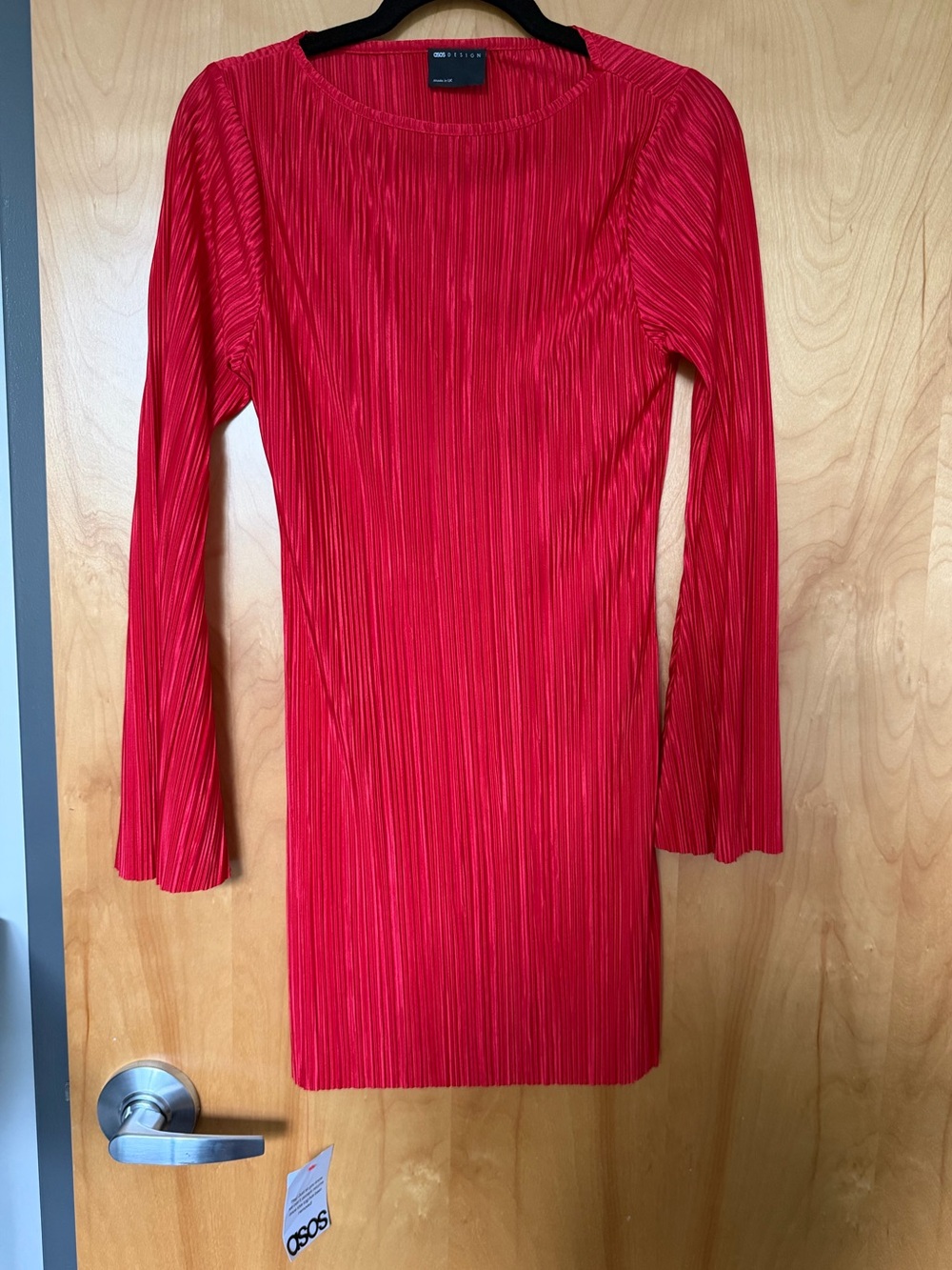 ASOS DESIGN long angel sleeve plisse mini dress in red - NWT